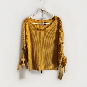 Love By Design Ribbon Knit Sweater Sz L Mustard Yellow Chunky Tie Sleeve Bow
